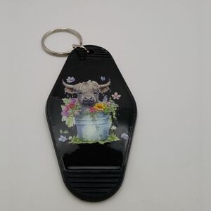 Motel Keychain Custom Retro Styled Black Highland Cow Keychain